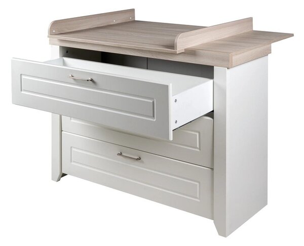 Biela nízka detská komoda v dekore brestu s prebaľovacím pultom 120x98 cm Felicia – Roba