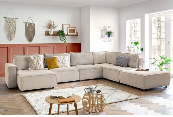 Krémovobiela menčestrová rohová pohovka (pravý roh/do tvaru "U") Nihad modular – Bobochic Paris