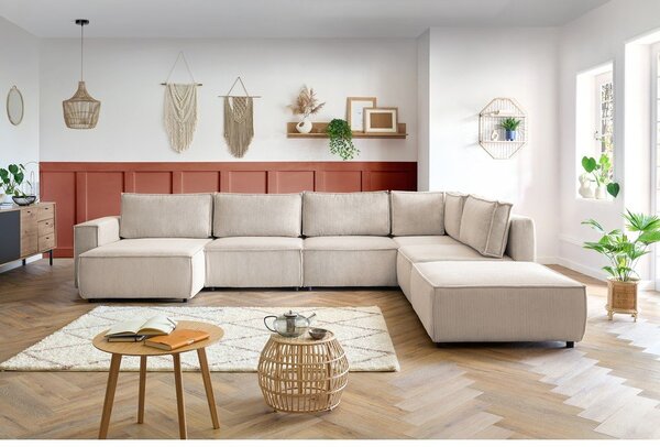 Krémovobiela menčestrová rohová pohovka (pravý roh/do tvaru "U") Nihad modular – Bobochic Paris