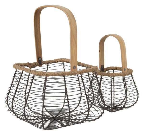 2ks drôtených košíkov s dreveným uchom - 23*16*16 / 13*10*12 cm - Clayre & Eef