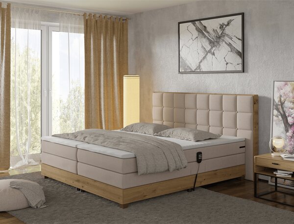 KONDELA Elektrická polohovacia posteľ, boxspring, béžová/dub artisan, 180x200, TIANA