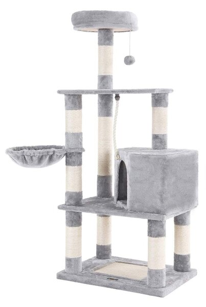 Škrabadlo pre mačky, mačací strom s košíkom, 138 cm, svetlo šedý