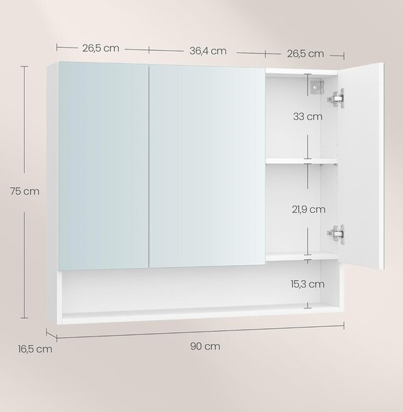 SONGMICS Kúpeľňová zrkadlová skrinka Vasagle Masli 90 cm biela