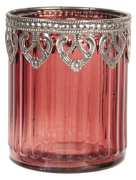 Červený sklenený svietnik na čajovú sviečku s kovovým zdobením Ø8 * 9 cm