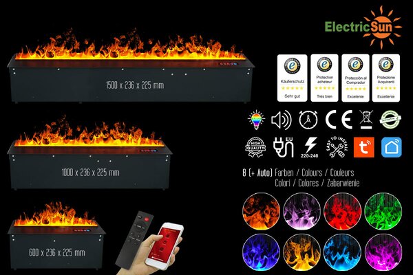Elektrická krbová vložka s parou ElectricSun MISTique stredne, s aplikáciou, 3D efektom plameňa 8 farieb, 100 cm