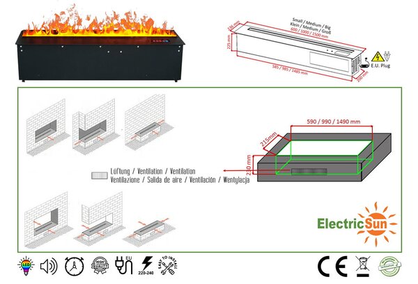 Elektrická krbová vložka s parou ElectricSun MISTique stredne, s aplikáciou, 3D efektom plameňa 8 farieb, 100 cm