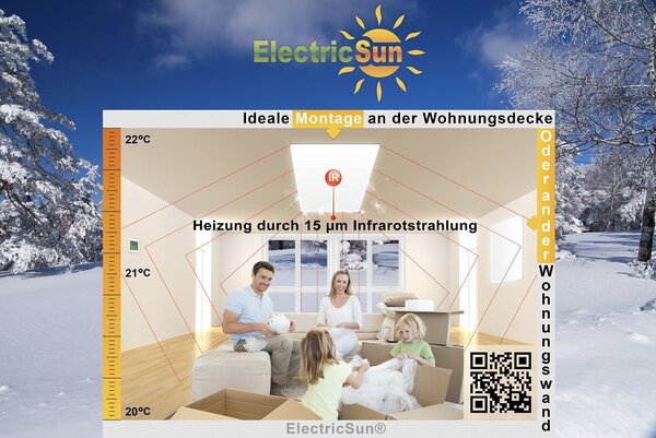 Infračervený sálavý ohrievač ElectricSun 720W Biely, elektrické vykurovanie s termostatu, na montáž na stenu a strop, 120x62cm