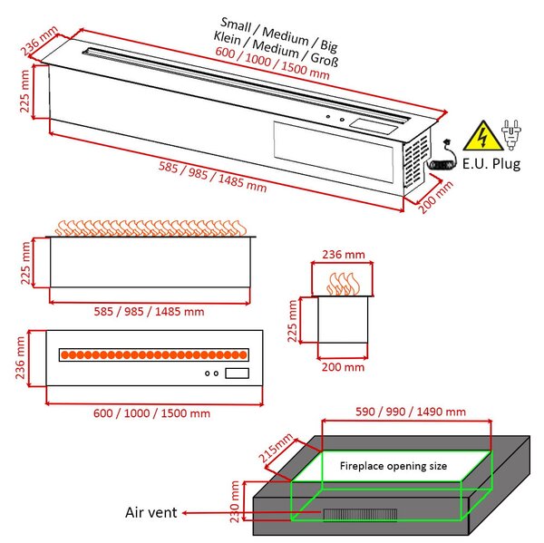 Elektrická krbová vložka s parou, ElectricSun MISTique veľký, s aplikáciou, 3D efektom plameňa 8 farieb, 150 cm