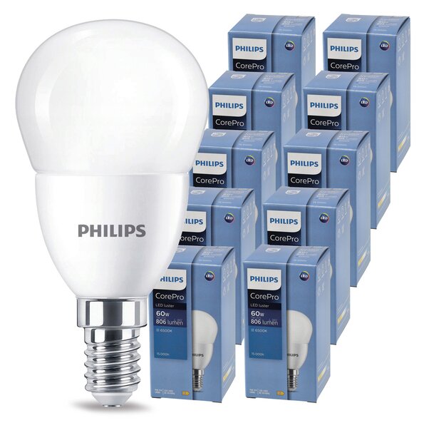 10x LED žiarovka PHILIPS E14 72 – studená farba 6500K 230V CorePro