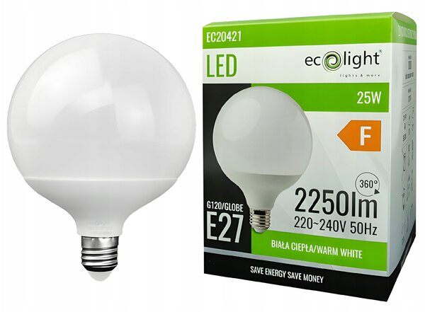ECOLIGHT LED žiarovka E27 25W 2250lm 3000K Veľká guľa Silné teplé svetlo GLOBE G120