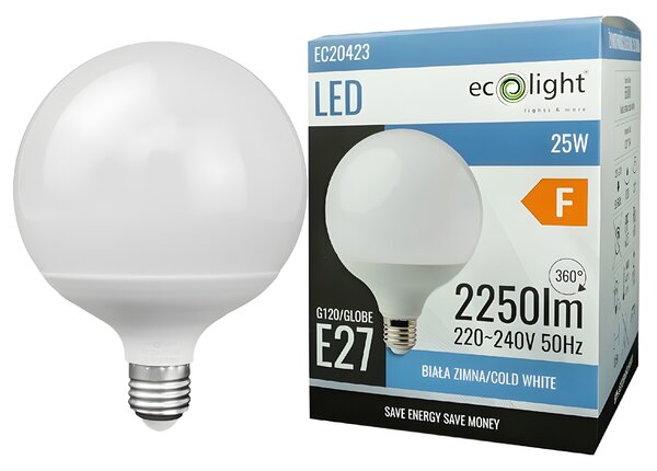 LED žiarovka E27 25W 2250lm 6500K Veľká guľa Silné studené svetlo GLOBE G120