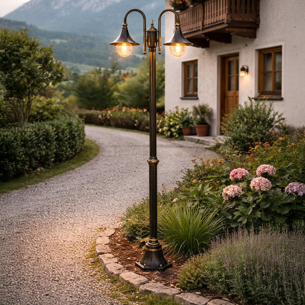 Klasická vonkajšia lampa čierna so starožitným zlatom 200 cm 2-svetlá IP44 - Daphne