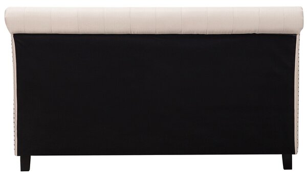 Posteľ béžová polyester látkové čalúnenie 180 x 200 cm prešívané čelo s gombíkmi drevené nohy lamelový rošt vintage glamour štýl spálňa