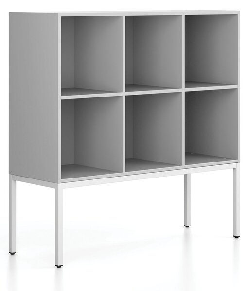 Regál FRAME, nízky, s bielou podnožou, 1299 x 450 x 1331 mm, sivá