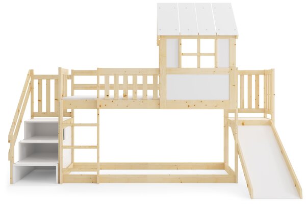 HRUŠKA Posteľ ANTRESOLA 200×90 cm so šmykľavkou, schodíkmi a strieškou – borovica