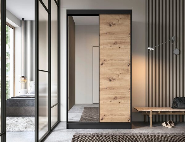 Šatníková skriňa s posuvnými dverami a zrkadlom 120 cm OLIVIERA - čierna / dub artisan