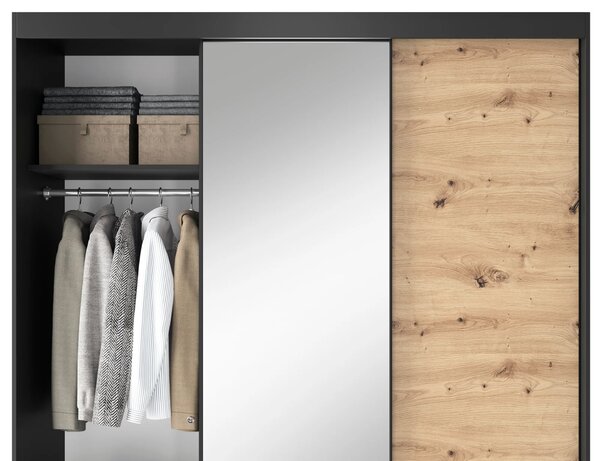 Šatníková skriňa s posuvnými dverami a zrkadlom 180 cm OLIVIERA - čierna / dub artisan