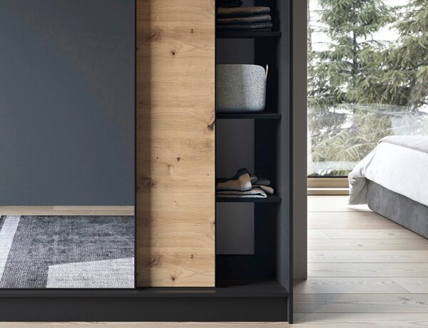Šatníková skriňa s posuvnými dverami a zrkadlom 180 cm OLIVIERA - čierna / dub artisan