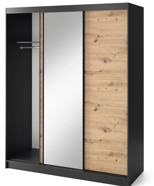 Šatníková skriňa s posuvnými dverami a zrkadlom 180 cm OLIVIERA - čierna / dub artisan