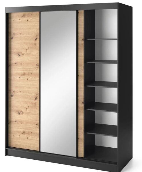 Šatníková skriňa s posuvnými dverami a zrkadlom 180 cm OLIVIERA - čierna / dub artisan