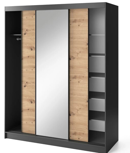 Šatníková skriňa s posuvnými dverami a zrkadlom 180 cm OLIVIERA - čierna / dub artisan