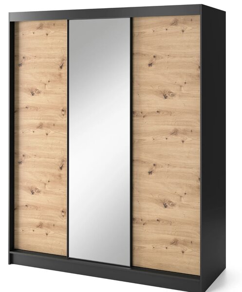 Šatníková skriňa s posuvnými dverami a zrkadlom 180 cm OLIVIERA - čierna / dub artisan