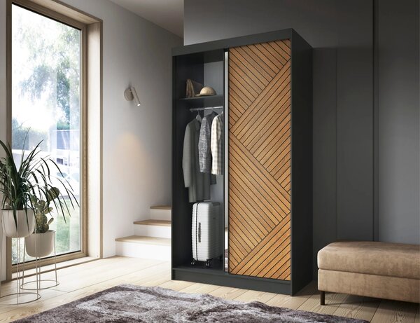 Šatníková skriňa so zrkadlom a posuvnými dverami 120 cm VALORA - čierna / dub karamel