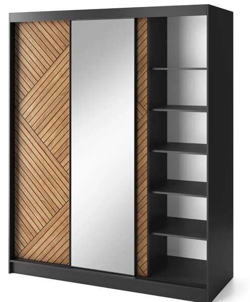 Šatníková skriňa so zrkadlom a posuvnými dverami 180 cm VALORA - čierna / dub karamel