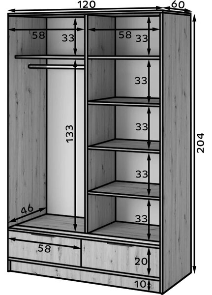 Zrkadlová šatníková skriňa 120 cm HELIORA - dub artisan