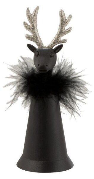 Čierny plechový zvonček s pierkami a hlavou jeleňa - Ø 7 * 18 cm