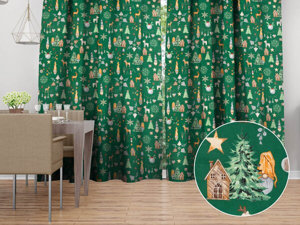 Biante Vianočný bavlnený záves Sandra SA-508 Vianoční škriatkovia a ozdoby na zelenom 150x140 cm