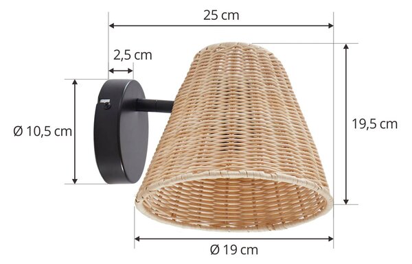 Lindby Nástenné svietidlo Zyralia, farba dreva, ratan, výška 19,5 cm, Obývacia izba / jedáleň, Drevo, Vidiecky / Rustikálny, Nástenné svietidlo