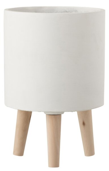 Cementový biely kvetináč na drevených nôžkach - Ø19,5 * 30 cm