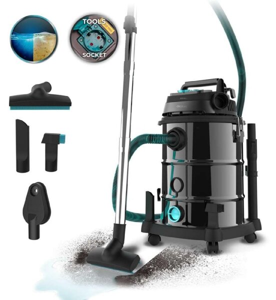 Cecotec 08572, 1600 W, Bubnový vysávač, Suché a mokré, Bezvreckové, 30 L, Čierna, Nerezová oceľ
