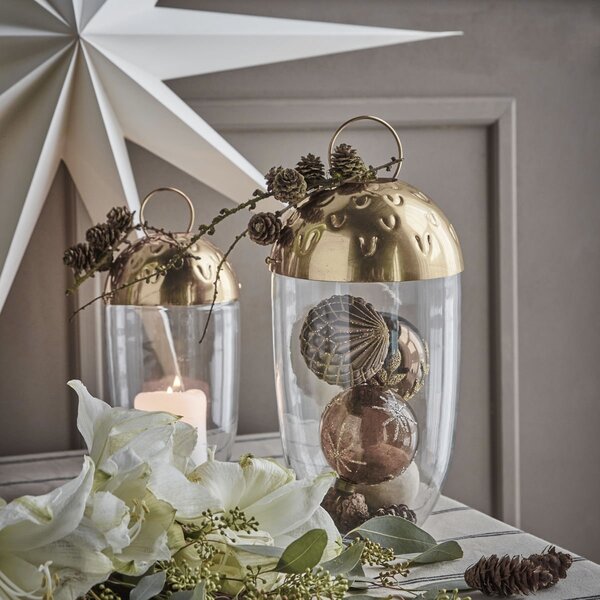 Sklenený lampáš Acho Clear/Gold 28 cm