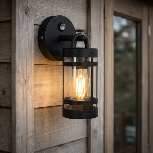 Vonkajšia nástenná lampa čierna IP44 s pohybovým senzorom - Ruben