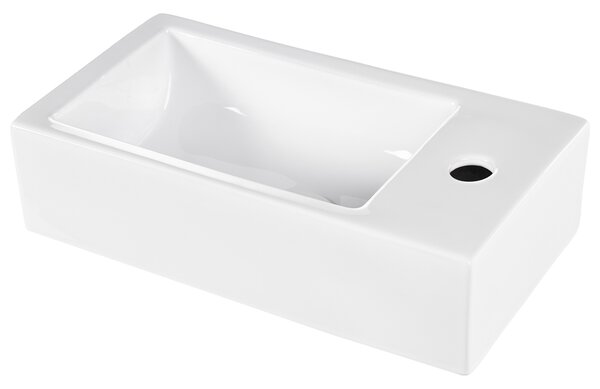 Umývadlo na dosku biele keramické 450 x 240 mm lesklé obdĺžnikové s odtokovou zátkou klik-klak pravostranné moderný štýl kúpeľňa
