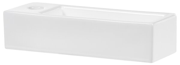 Umývadlo na dosku biele keramické 380 x 140 mm lesklé obdĺžnikové s odtokovou zátkou klik-klak ľavostranné moderný štýl kúpeľňa