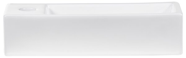 Umývadlo na dosku biele keramické 380 x 140 mm lesklé obdĺžnikové s odtokovou zátkou klik-klak ľavostranné moderný štýl kúpeľňa