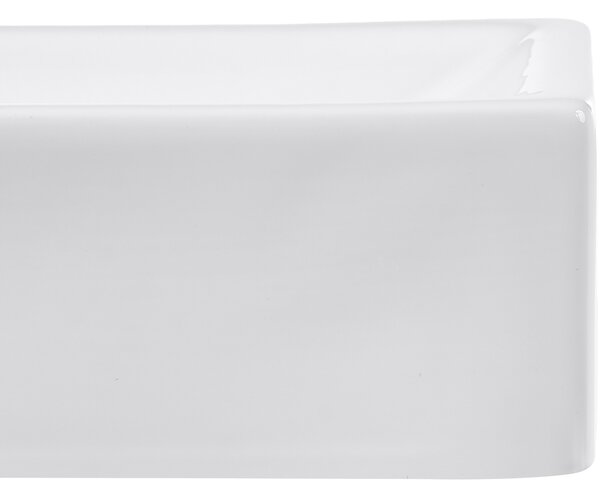 Umývadlo na dosku biele keramické 450 x 240 mm lesklé obdĺžnikové s odtokovou zátkou klik-klak ľavostranné moderný štýl kúpeľňa