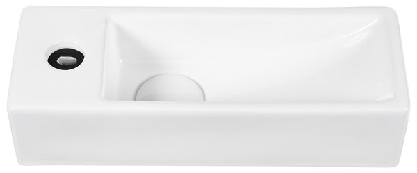 Umývadlo na dosku biele keramické 380 x 140 mm lesklé obdĺžnikové s odtokovou zátkou klik-klak ľavostranné moderný štýl kúpeľňa