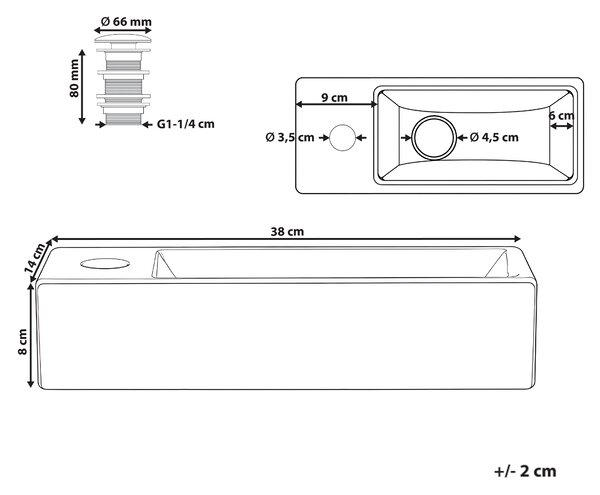 Umývadlo na dosku biele keramické 380 x 140 mm lesklé obdĺžnikové s odtokovou zátkou klik-klak ľavostranné moderný štýl kúpeľňa