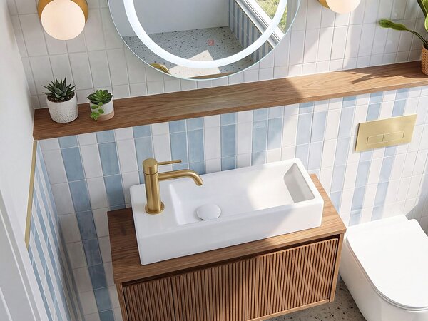Umývadlo na dosku biele keramické 380 x 140 mm lesklé obdĺžnikové s odtokovou zátkou klik-klak ľavostranné moderný štýl kúpeľňa