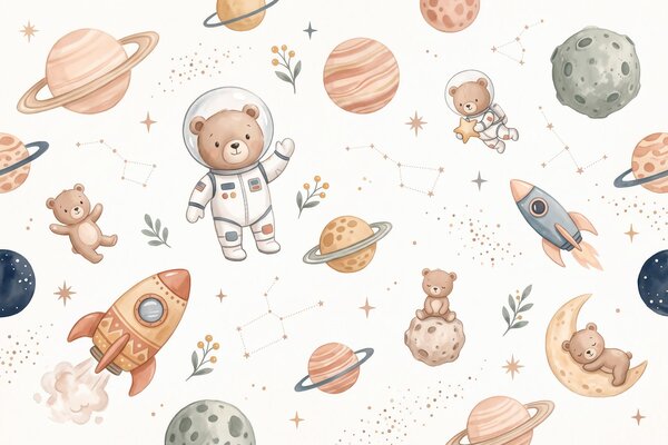 Tapety Roztomilí medvedíkoví astronauti medzi planétami, raketami a hviezdami v jemnom pastelovom akvarelovom, Jedinečné tapety, w10096 : Uwalls.sk