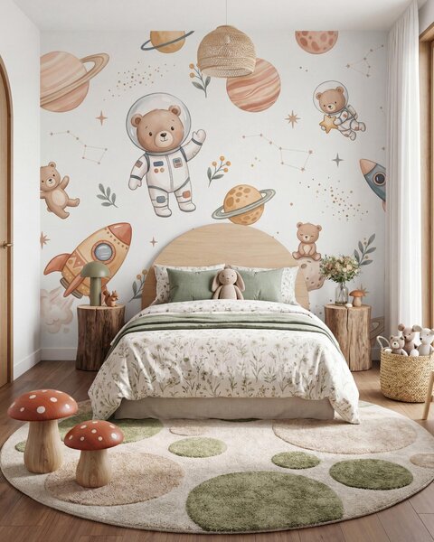 Tapety Roztomilí medvedíkoví astronauti medzi planétami, raketami a hviezdami v jemnom pastelovom akvarelovom, Jedinečné tapety, w10096 : Uwalls.sk