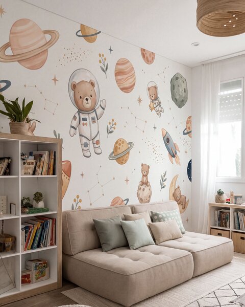 Tapety Roztomilí medvedíkoví astronauti medzi planétami, raketami a hviezdami v jemnom pastelovom akvarelovom, Jedinečné tapety, w10096 : Uwalls.sk