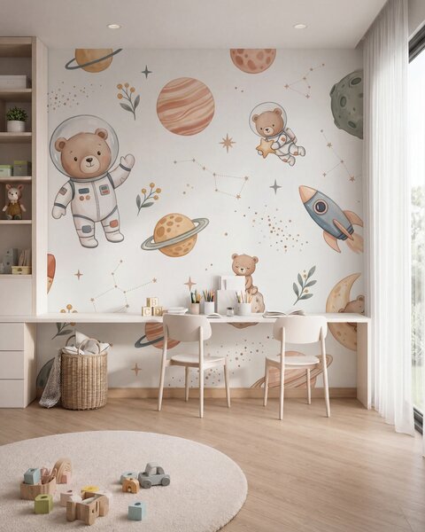 Tapety Roztomilí medvedíkoví astronauti medzi planétami, raketami a hviezdami v jemnom pastelovom akvarelovom, Jedinečné tapety, w10096 : Uwalls.sk
