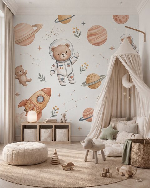 Tapety Roztomilí medvedíkoví astronauti medzi planétami, raketami a hviezdami v jemnom pastelovom akvarelovom, Jedinečné tapety, w10096 : Uwalls.sk