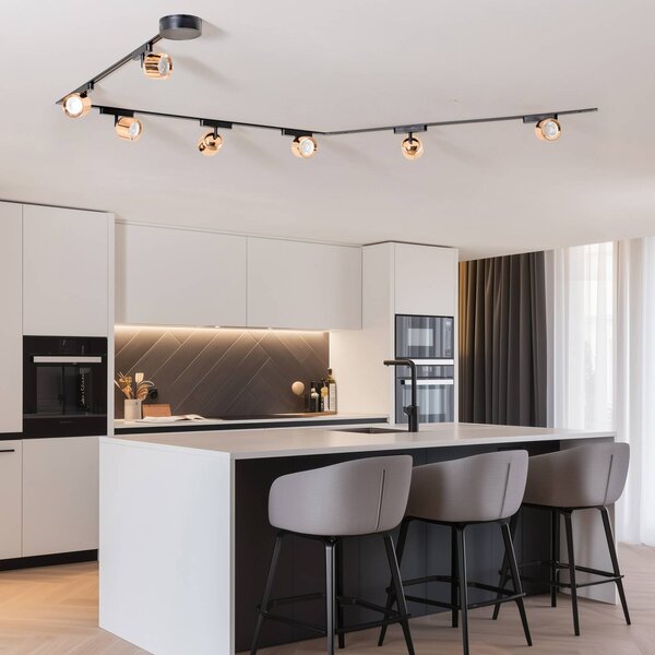 Lindby Lumaro track system, reflektory, 7 svetiel, zlaté, Ø8cm, 48V, stmievateľné, Čierna, Obývacia izba / jedáleň, Plast, Moderný, Koľajnicový systém