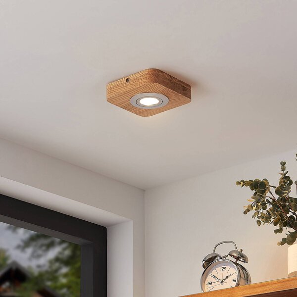Lindby LED stropné svietidlo Mikari, 14 cm, drevo, otočné, Svetlé drevo, Obývacia izba / jedáleň, Drevo, Moderný, Stropné svetlo